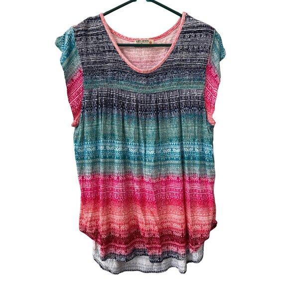Ruff Hewn Blouse Size XL Flutter Sleeve Smocked Geometric Print Boho Pink Blue - Picture 1 of 6
